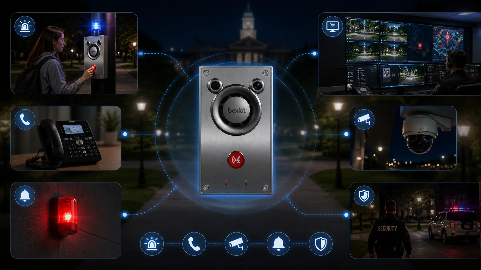 Ecosistema de seguridad por capas en campus con teléfonos de emergencia, megafonía, sistema telefónico, vigilancia, alarmas y respuesta de seguridad