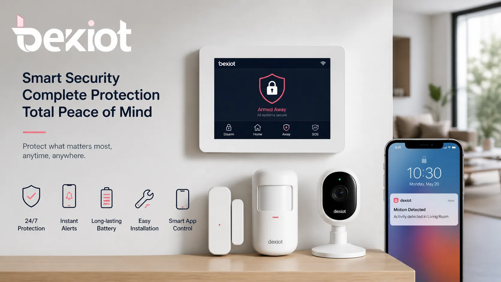 Sistema moderno de alarma de seguridad para el hogar con panel de control sensores de puerta detector de movimiento cámara y alertas móviles