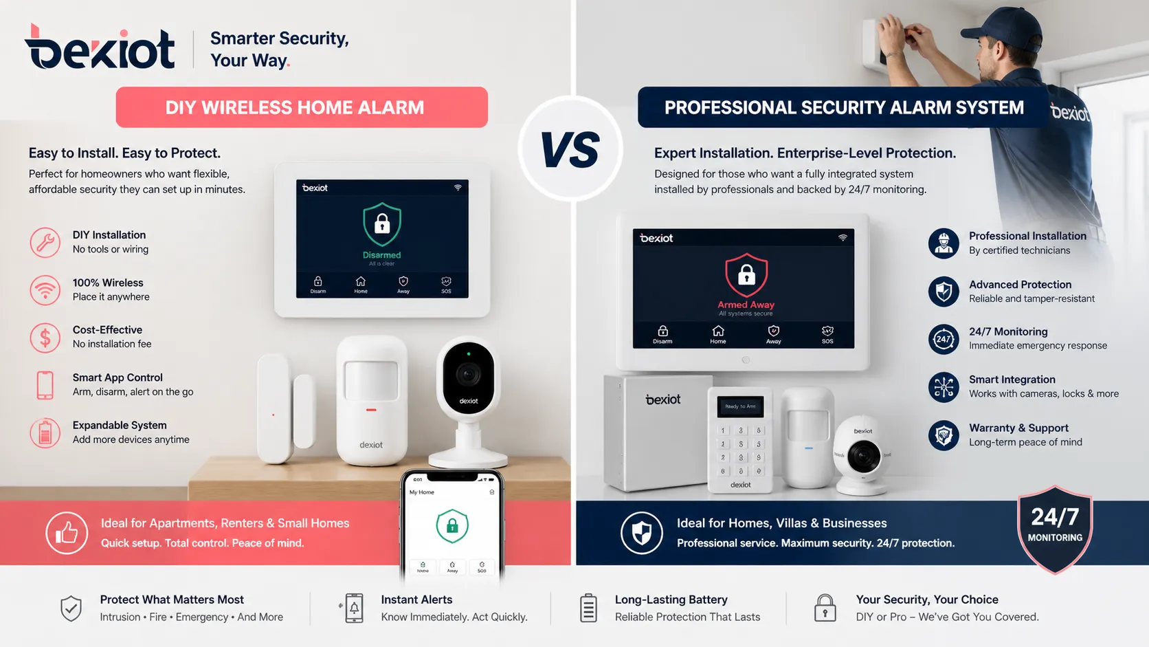 Instalación DIY de alarma inalámbrica para el hogar comparada con una configuración profesional de sistema de seguridad