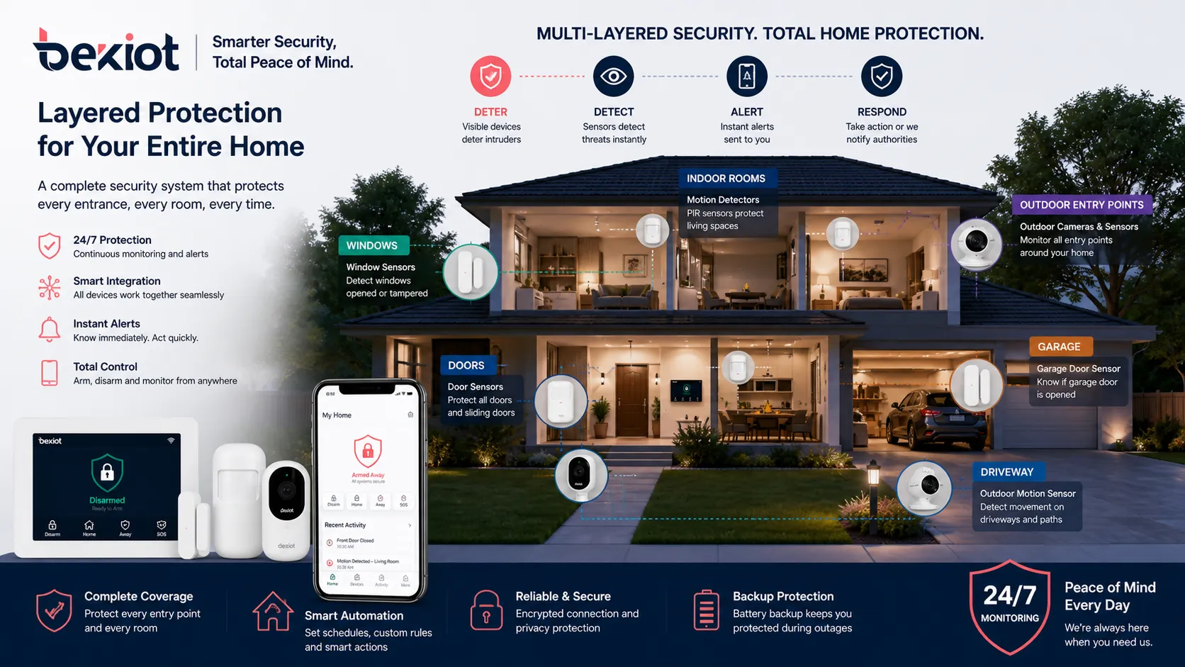 Sistema de alarma doméstico por capas que protege puertas ventanas habitaciones interiores garaje entrada exterior y puntos de acceso