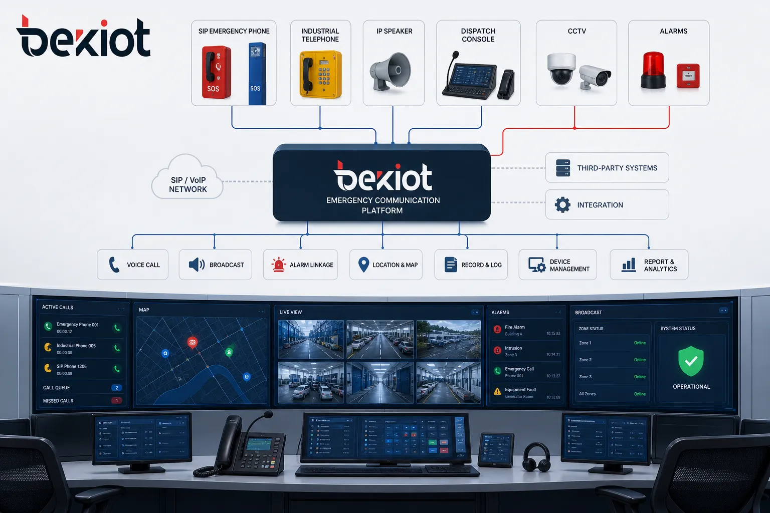 Arquitectura de sistema de comunicación de emergencia que conecta teléfonos de emergencia SIP teléfonos industriales altavoces IP consola de despacho CCTV alarmas y plataforma de sala de control