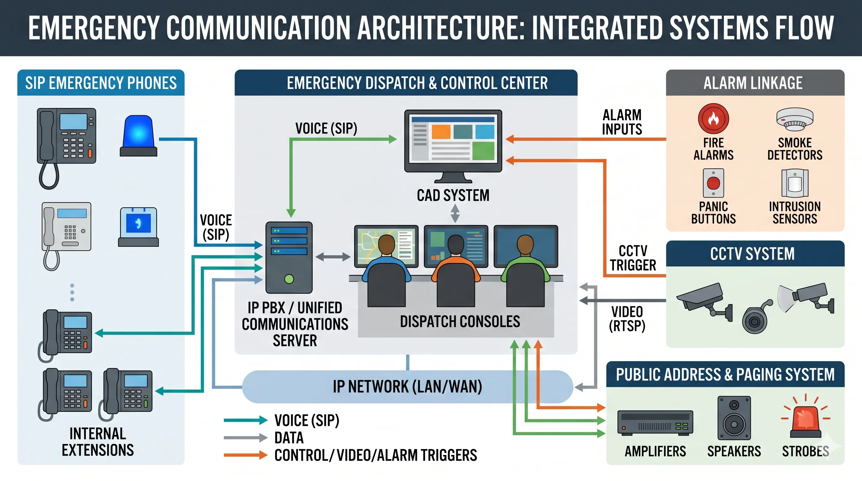 Sala de control con despacho asistido por computadora coordinando llamadas de emergencia, equipos de respuesta, CCTV, alarmas y sistemas de comunicación