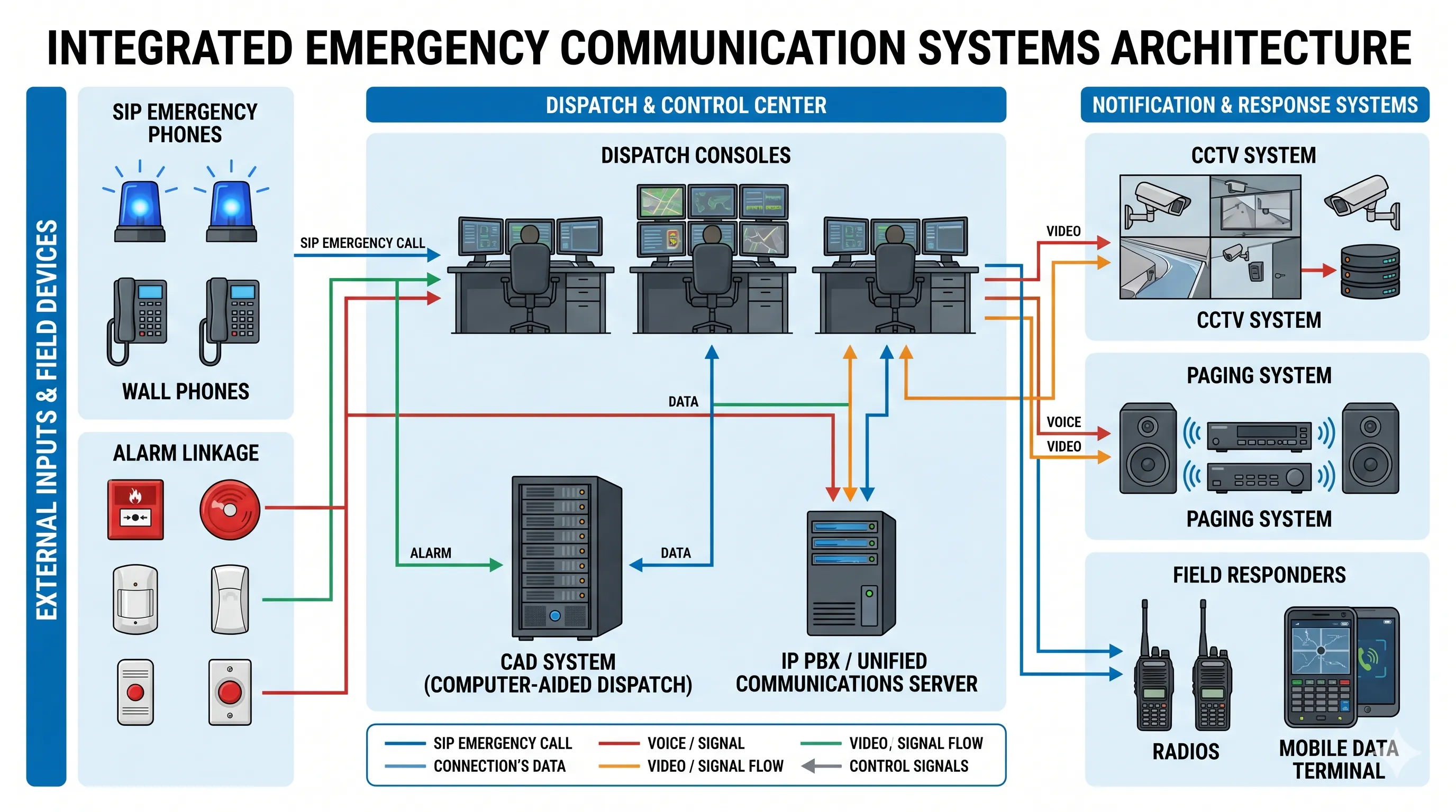 Arquitectura de comunicación de emergencia que conecta sistema CAD, teléfonos de emergencia SIP, IP PBX, consola de despacho, CCTV, megafonía y enlace de alarmas