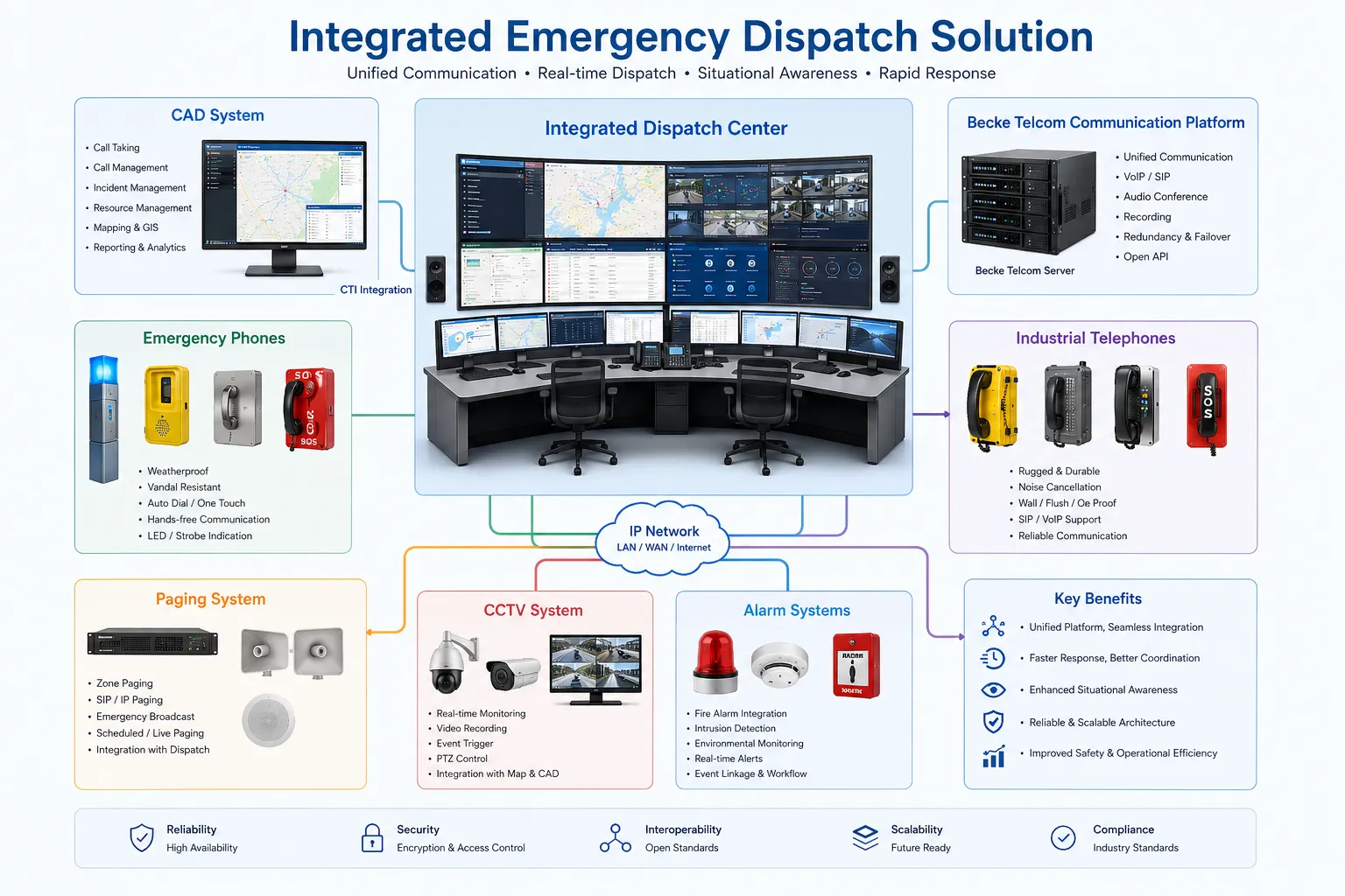 Solución integrada de despacho de emergencia con sistema CAD, plataforma de comunicación Becke Telcom, teléfonos de emergencia, teléfonos industriales, megafonía, CCTV y sistemas de alarma