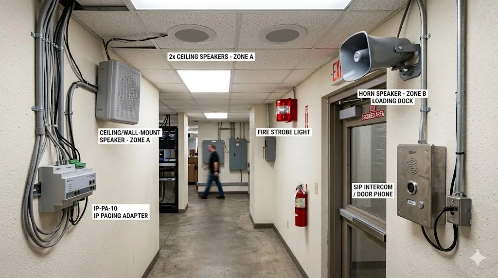 Dispositivos de megafonía: altavoces de techo, pared, bocinas, luces estroboscópicas, intercom SIP y adaptadores IP