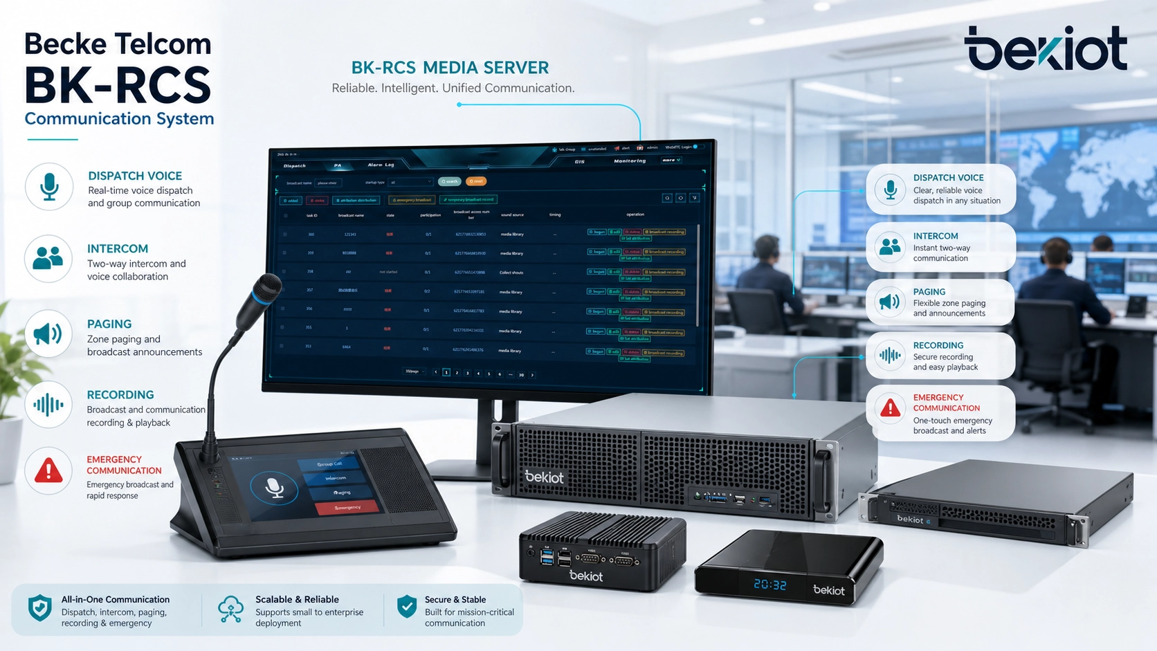 Servidor Becke Telcom BK-RCS y sistema BK-RCS con funciones de medios para despacho, intercom, paging, grabación y emergencia