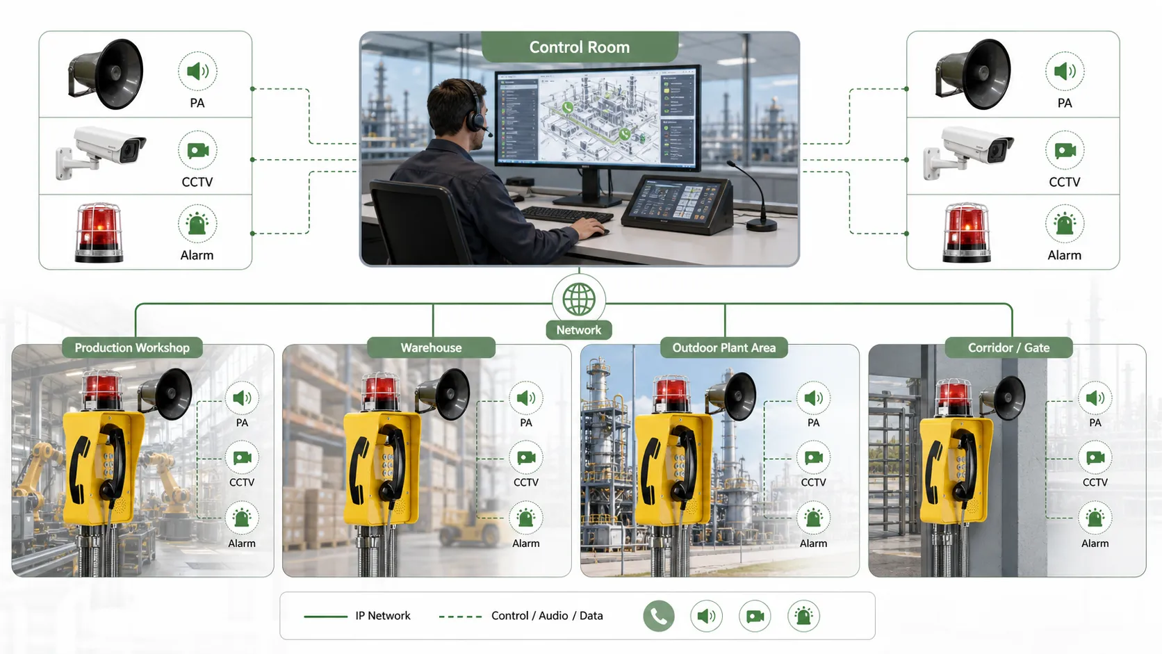 Solución de comunicación industrial integrada con interfonía, megafonía, PA, CCTV, alarmas y despacho central