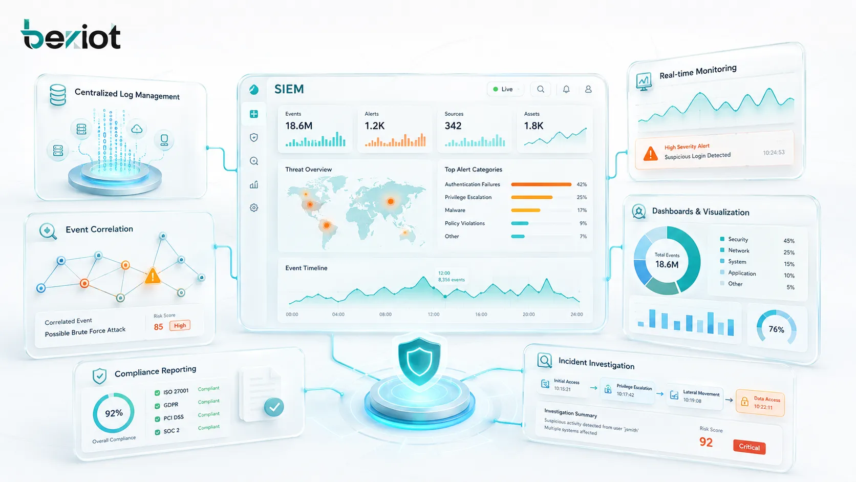 Funcionalidades del SIEM que muestran la gestión centralizada de logs, monitorización en tiempo real, correlación de eventos, paneles de control, informes de cumplimiento e investigación de incidentes