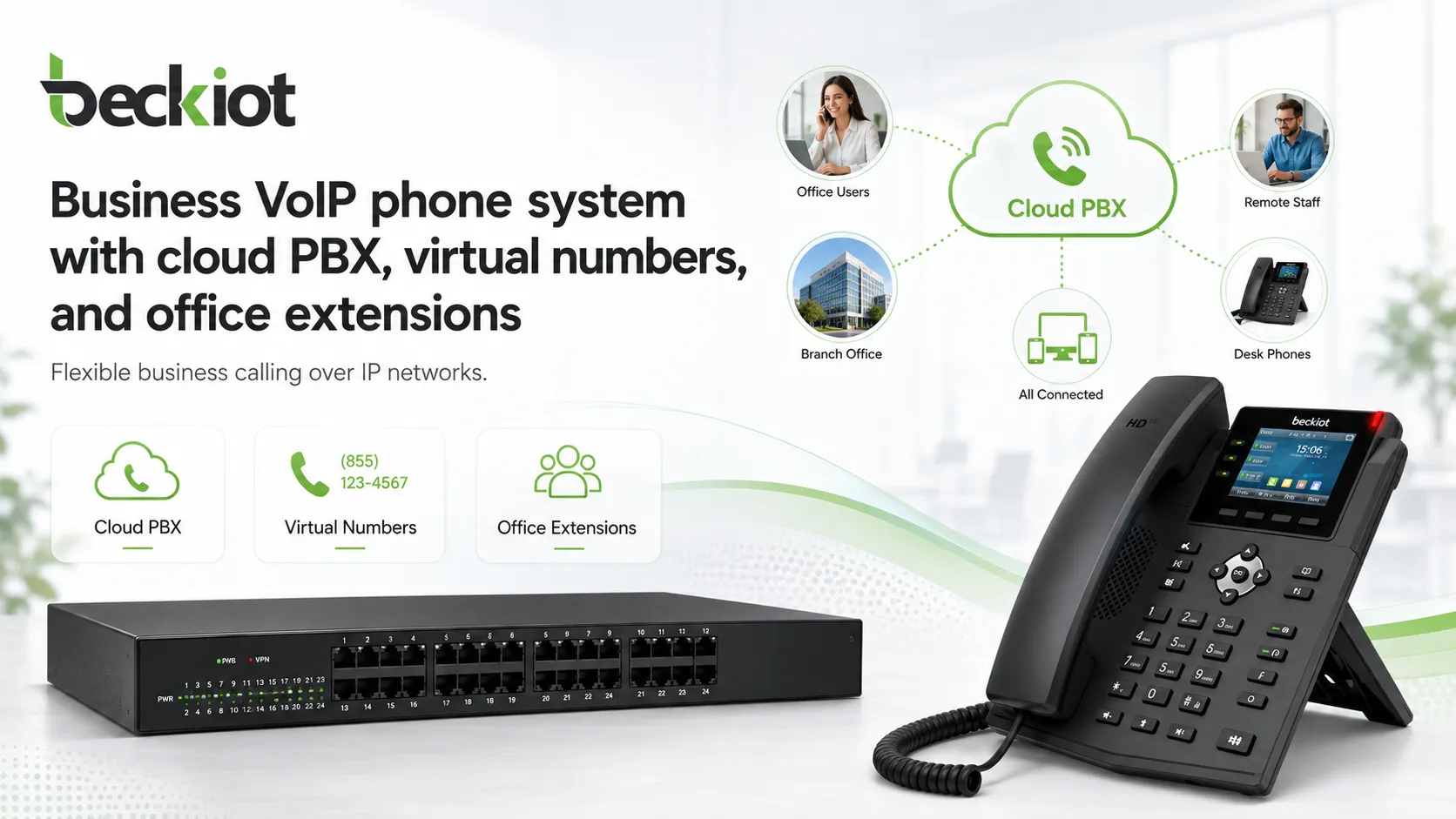 Sistema telefónico VoIP empresarial con PBX en la nube, números virtuales y extensiones de oficina