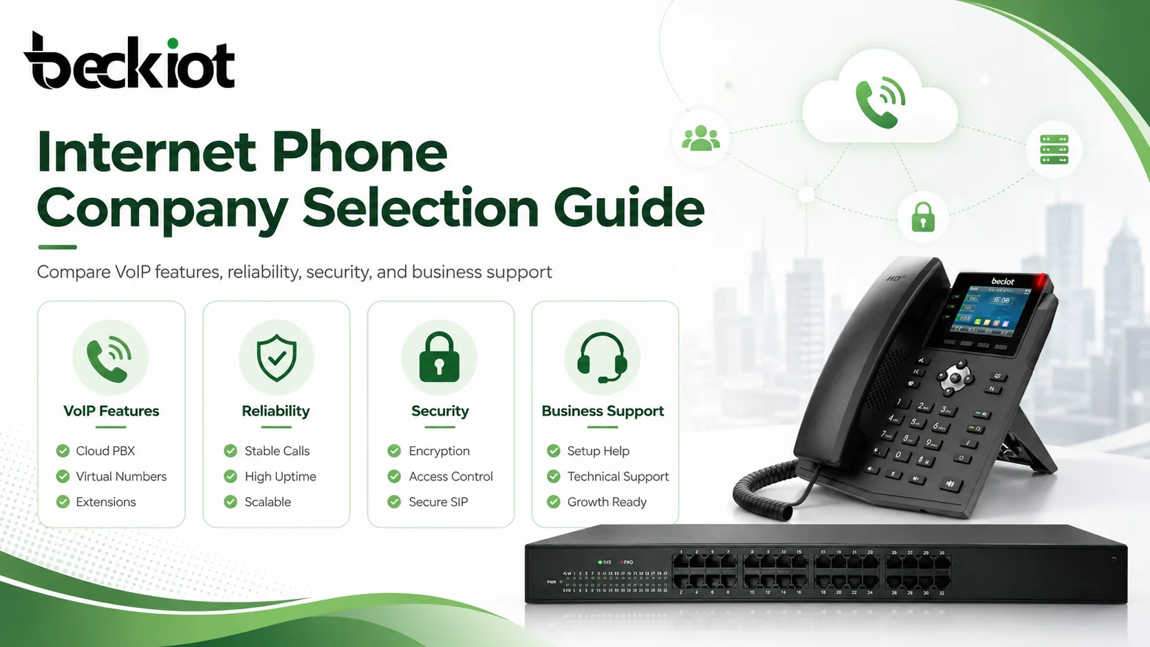Guía de selección de empresa de telefonía por internet comparando funciones VoIP, fiabilidad, seguridad y soporte empresarial