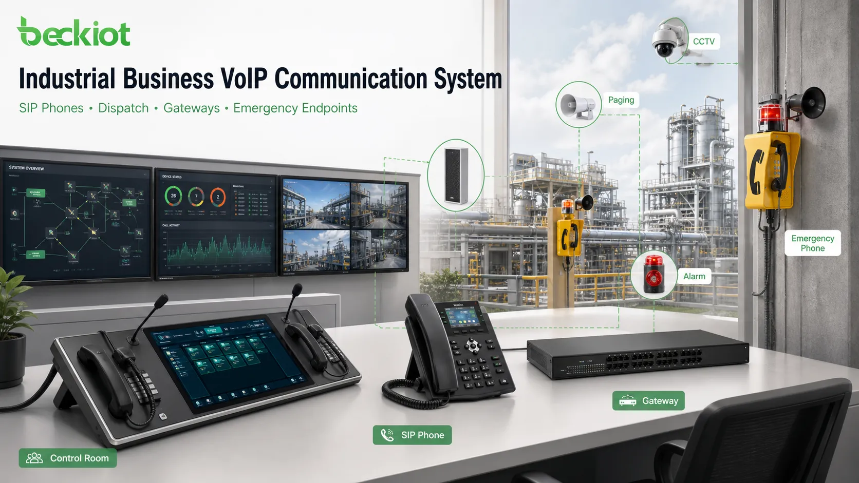 Sistema VoIP industrial integrando teléfonos SIP, consolas de despacho, pasarelas y terminales de emergencia
