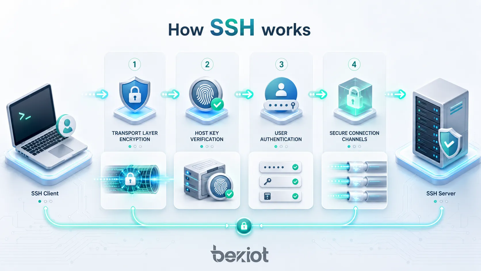 Funcionamiento de SSH, que muestra el cifrado de la capa de transporte, la verificación de la clave de host del servidor, la autenticación de usuario y los canales de conexión seguros