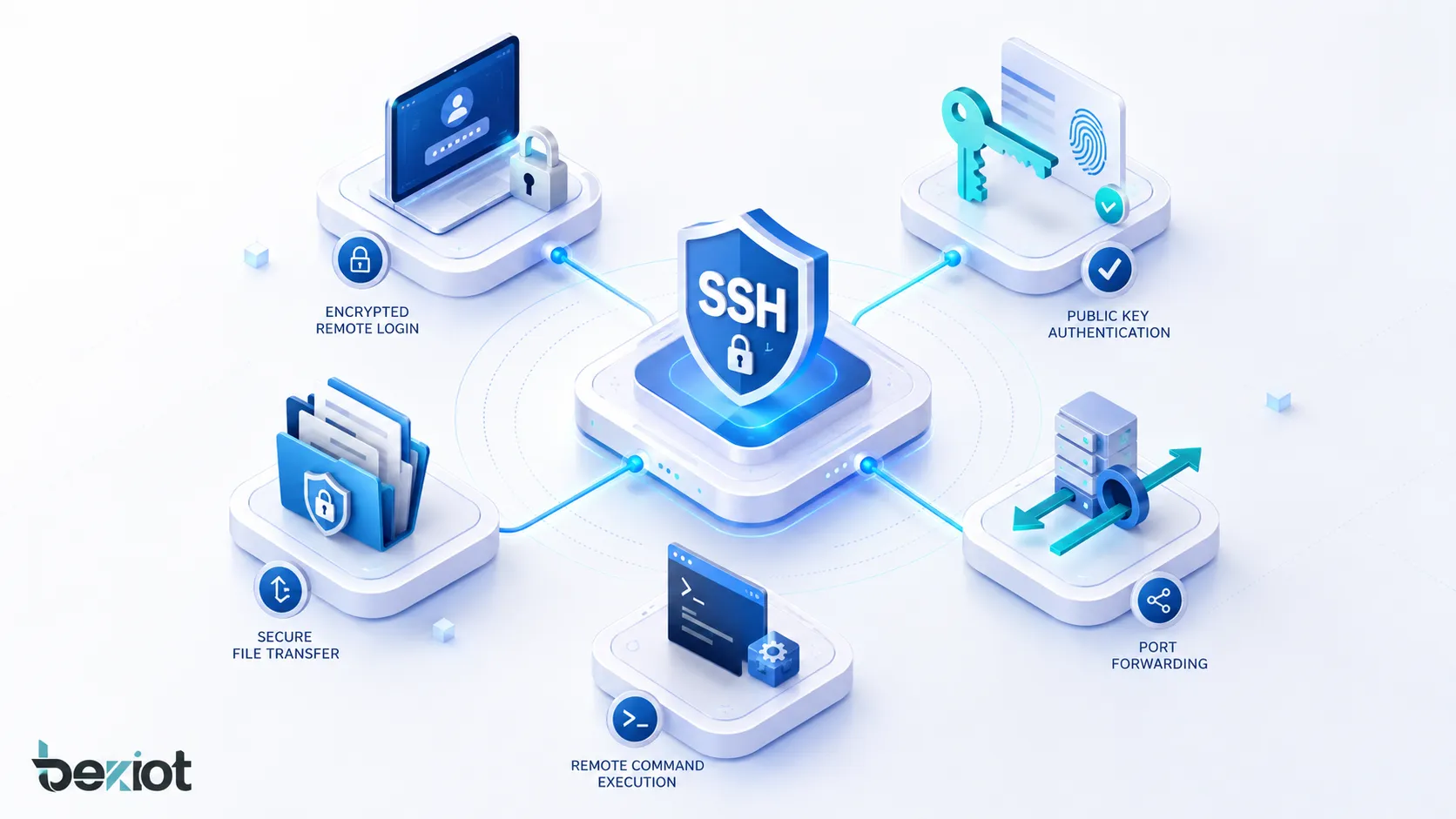 Características de SSH: inicio de sesión remoto cifrado, autenticación por clave pública, transferencia segura de archivos, reenvío de puertos y ejecución remota de comandos