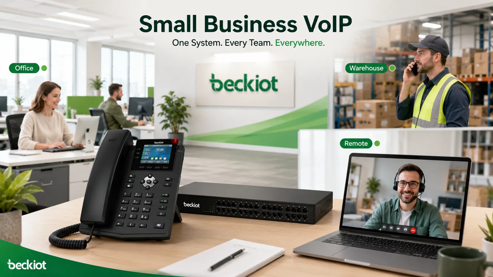 Sistema VoIP que conecta personal de oficina, trabajadores de almacén y empleados remotos