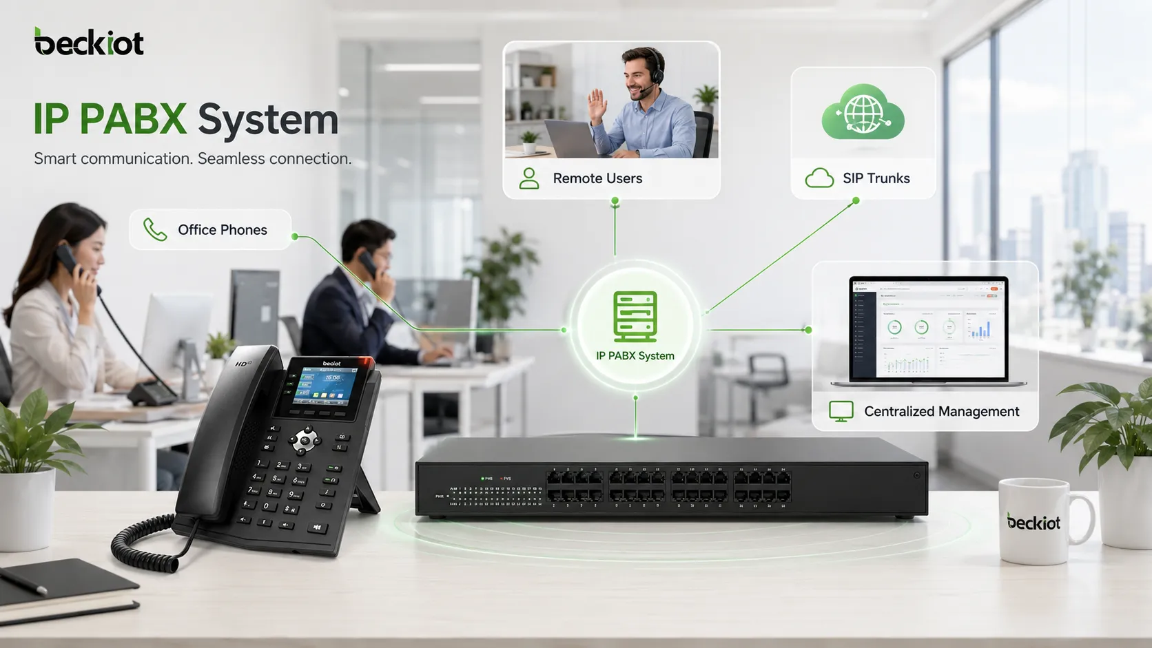 Sistema IP PABX compatible con teléfonos de oficina, usuarios remotos, troncos SIP y gestión centralizada