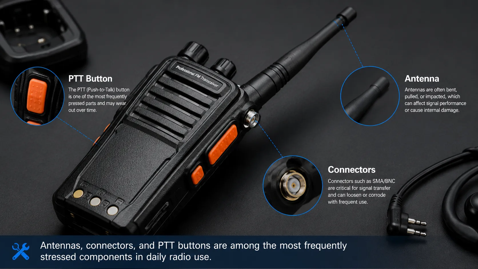 Equipo de comunicación de campo con radios portátiles usadas en operaciones industriales y de emergencia