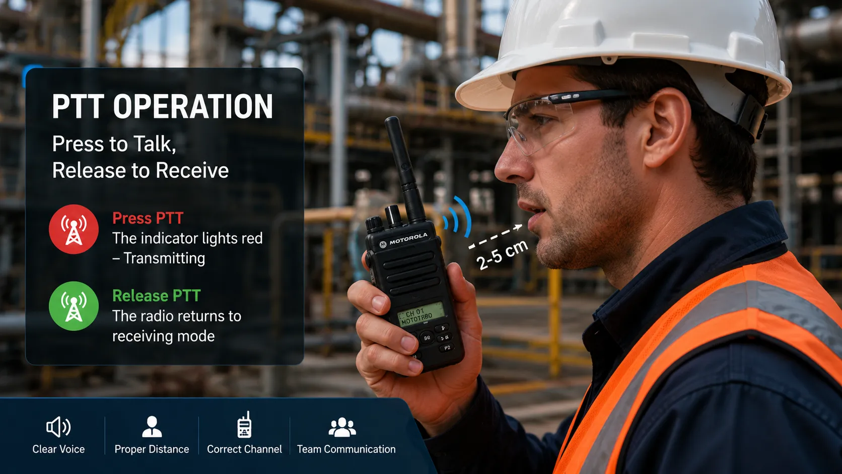 Guía de operación de radios bidireccionales inalámbricas: uso de PTT, configuración de canales, mantenimiento y soluciones de comunicación industrial