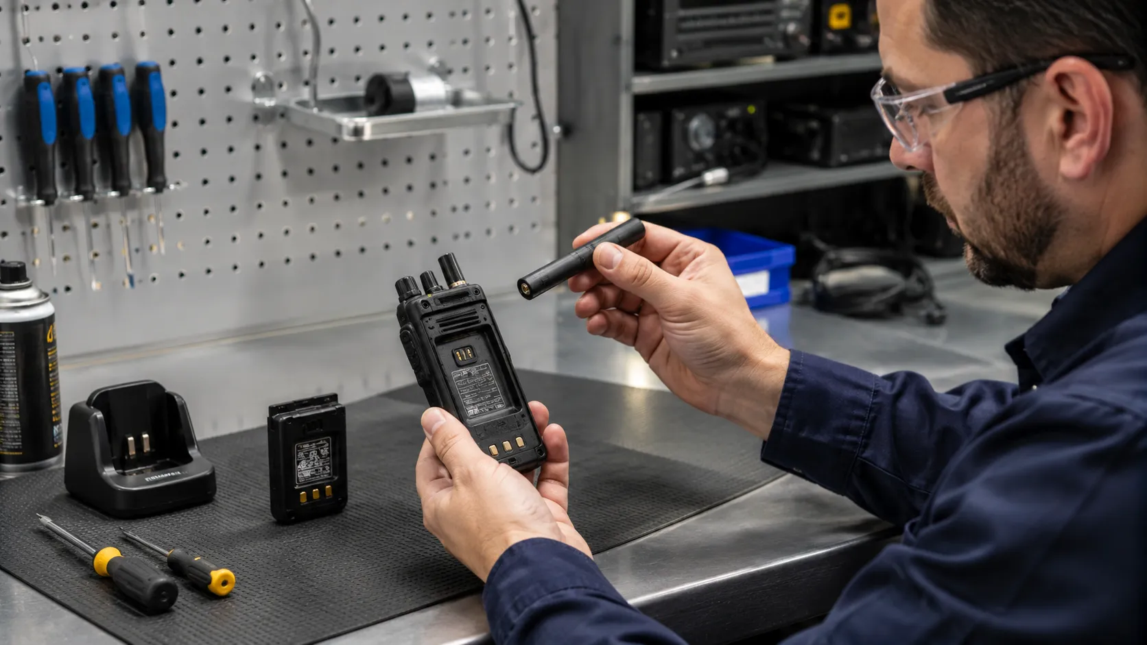 Técnico inspeccionando la antena, los contactos de batería y la carcasa impermeable de una radio bidireccional para mantenimiento diario seguro