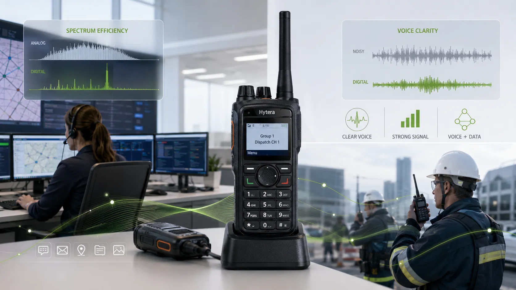 Radio bidireccional digital mejorando eficiencia espectral, claridad de voz e integración voz-datos en operaciones de despacho