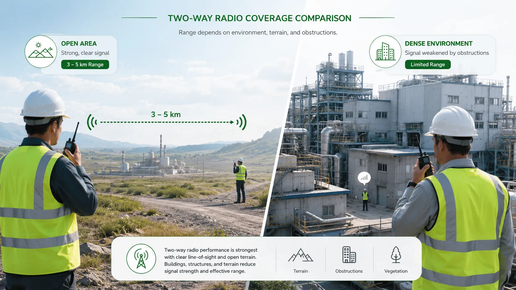Comparación de alcance de radio bidireccional de 3 a 5 kilómetros en área abierta y atenuación de señal en edificios
