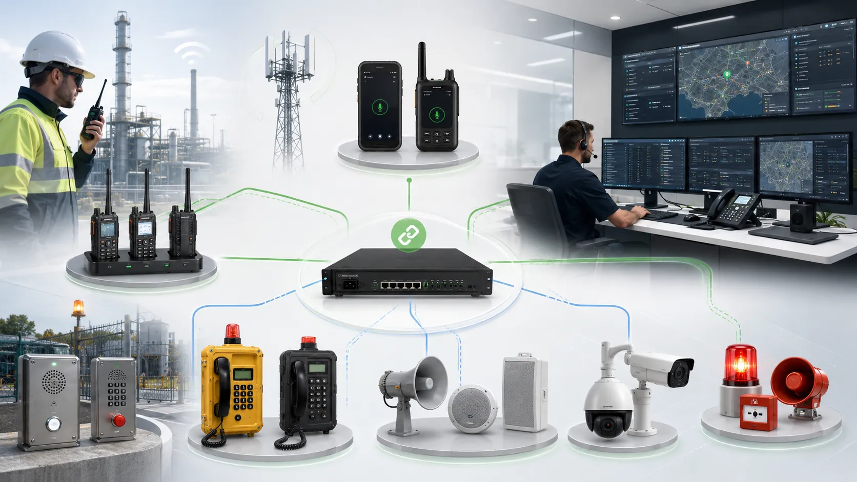 Solución híbrida de comunicación de emergencia Becke Telcom conectando radios bidireccionales radios PoC gateway RoIP despacho SIP teléfonos industriales megafonía y enlace CCTV