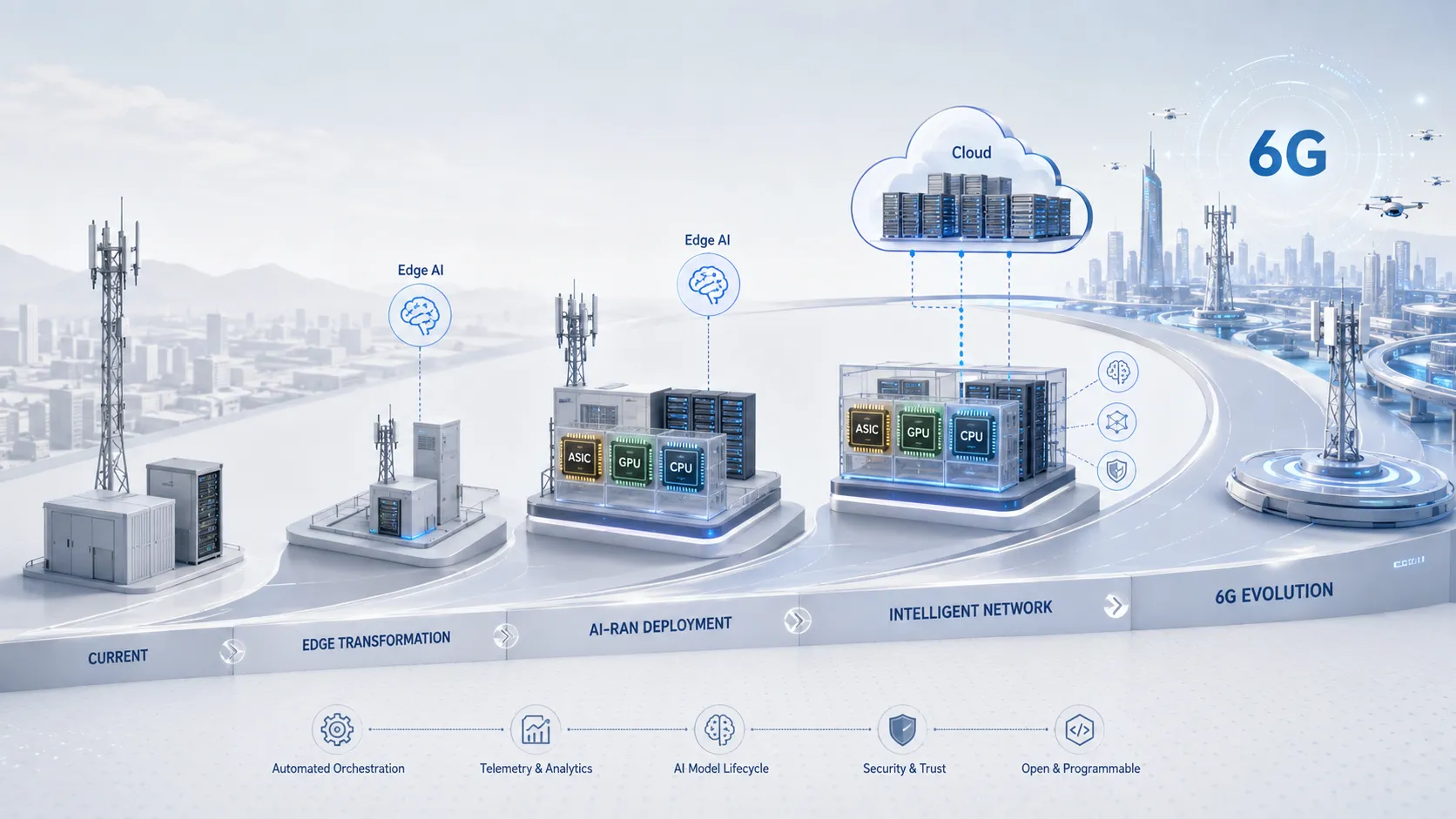 Hoja de ruta de despliegue AI-RAN para operadores con ASIC GPU CPU computación heterogénea IA de borde orquestación cloud y evolución 6G