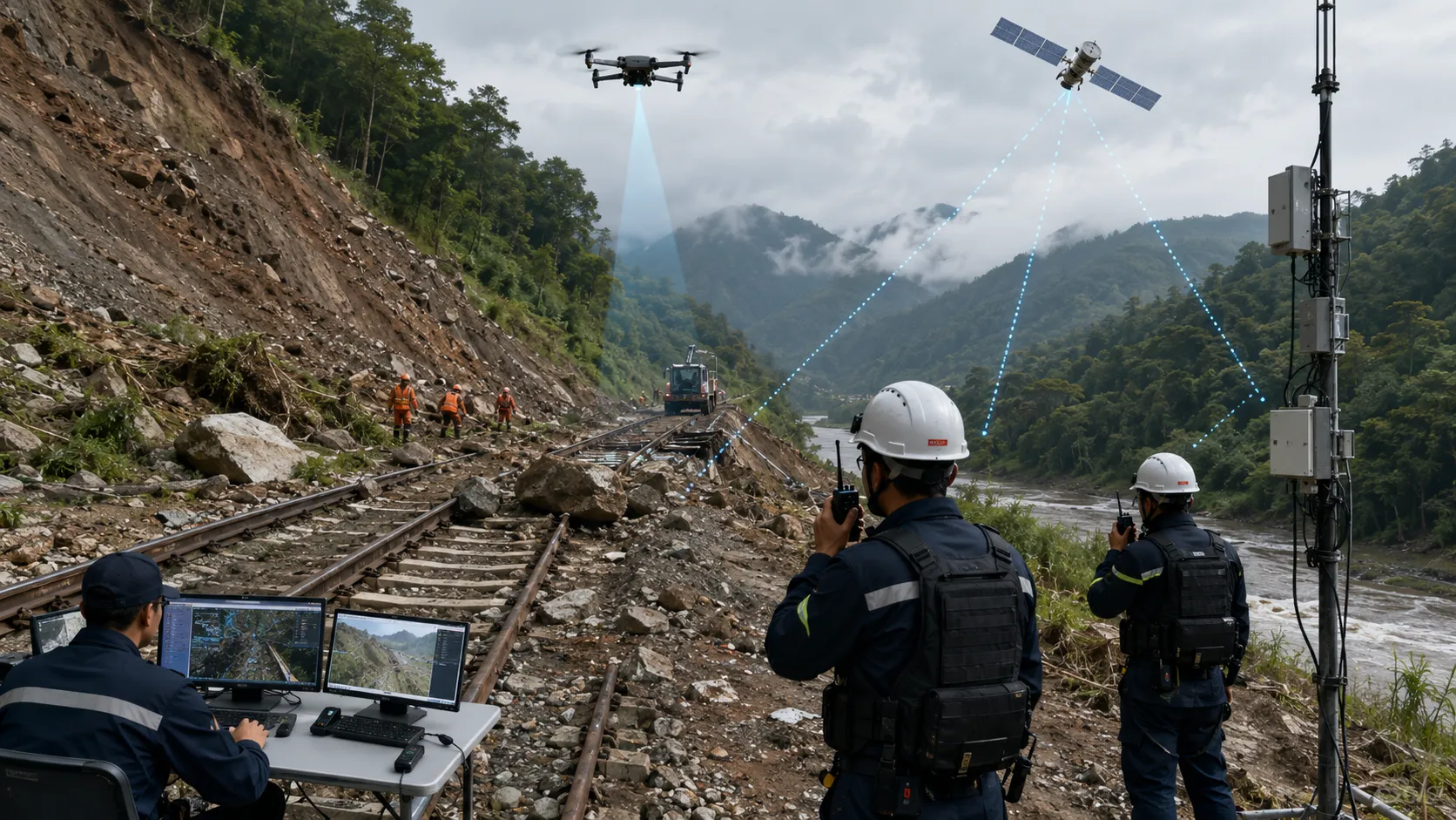 Emergencia ferroviaria por deslizamiento con reconocimiento de dron, enlace satelital, voz por radio bidireccional y despacho del centro de mando