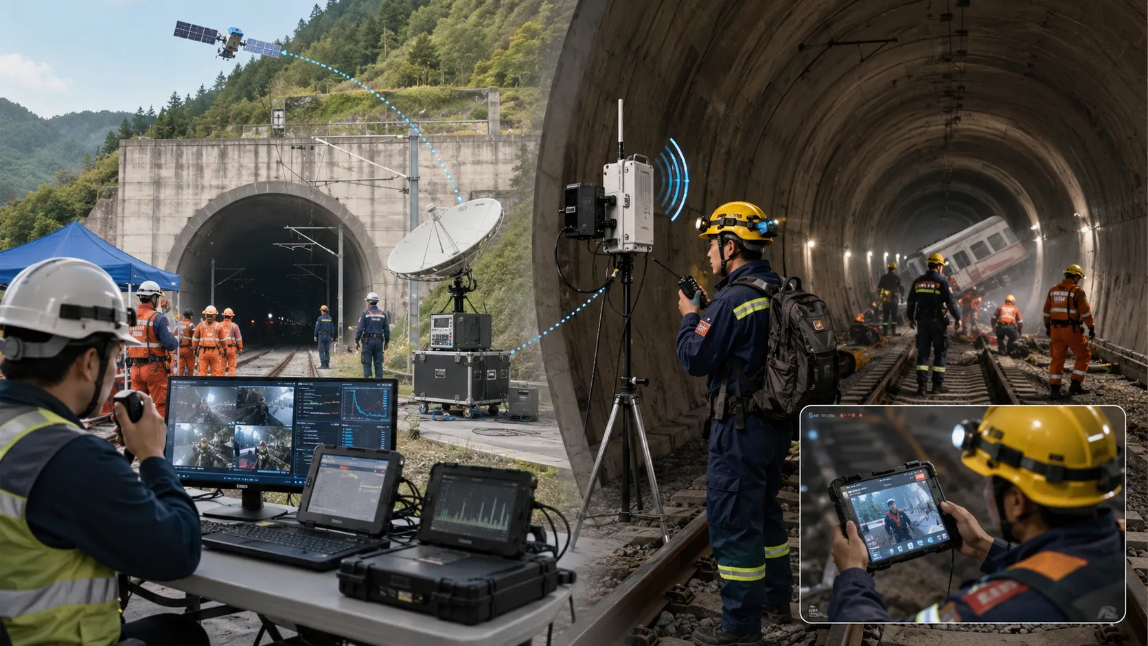 Rescate ferroviario en túnel con repetidor inalámbrico enviando señales de voz y video de 3.5 a 10 kilómetros dentro del túnel mediante retorno satelital