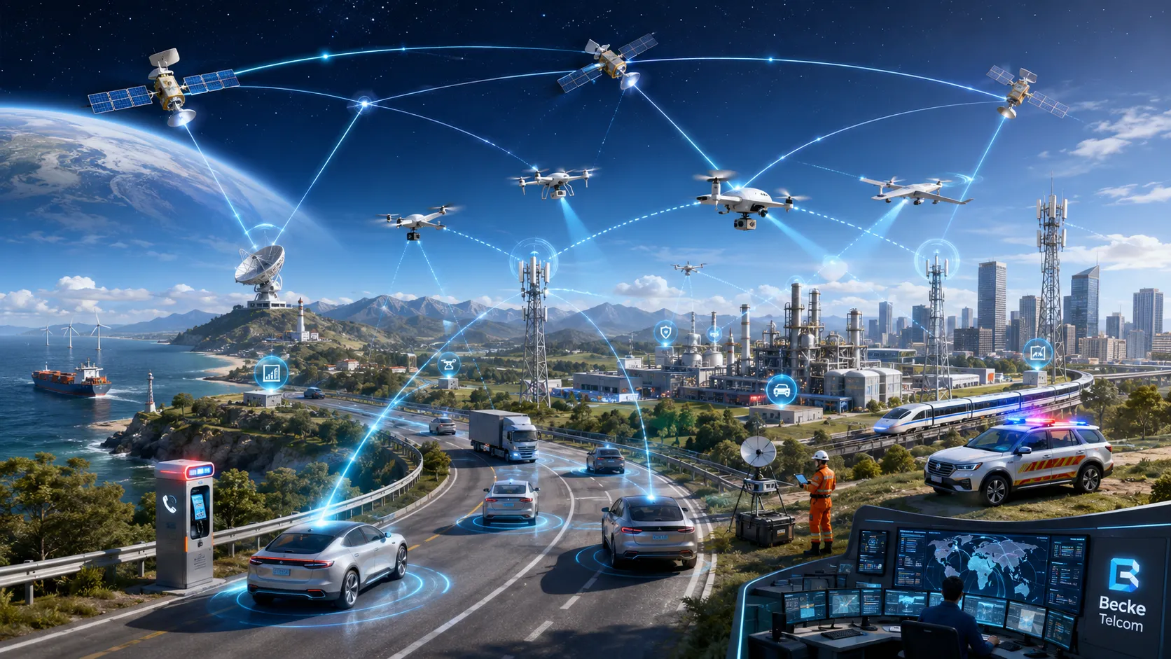 Red integrada espacio-aire-tierra 6G que conecta satélites, drones, estaciones base, vehículos inteligentes, emplazamientos industriales y sistemas de comunicaciones de emergencia