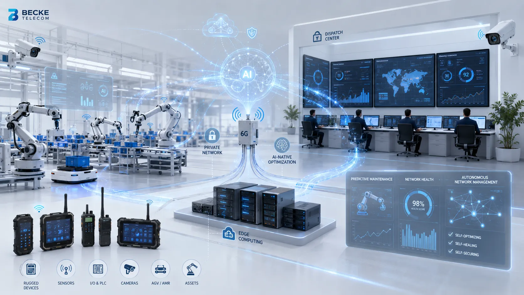 Solución de comunicaciones industriales 6G nativa por IA con computación perimetral, red privada, fábrica inteligente, centro de despacho y dispositivos conectados