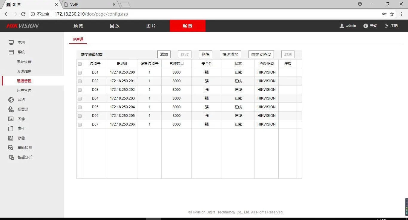 Interfaz de configuración del módulo de gestión de canales