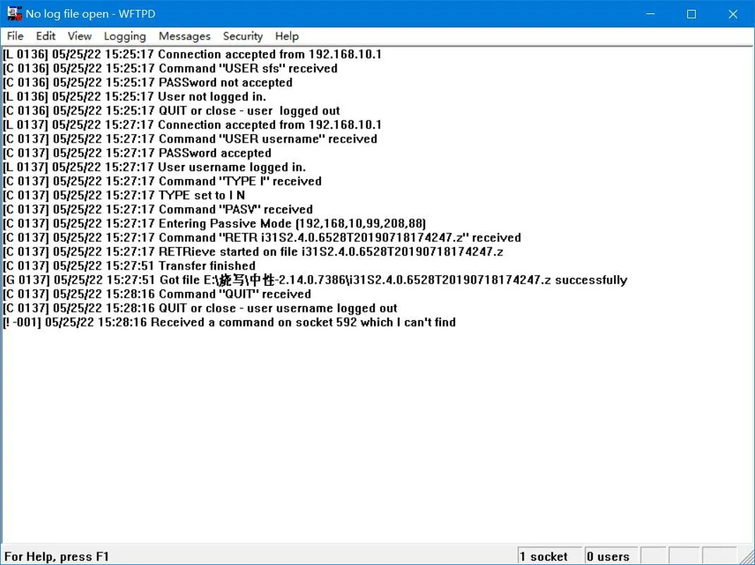 Ventana del servidor FTP mostrando información de descarga