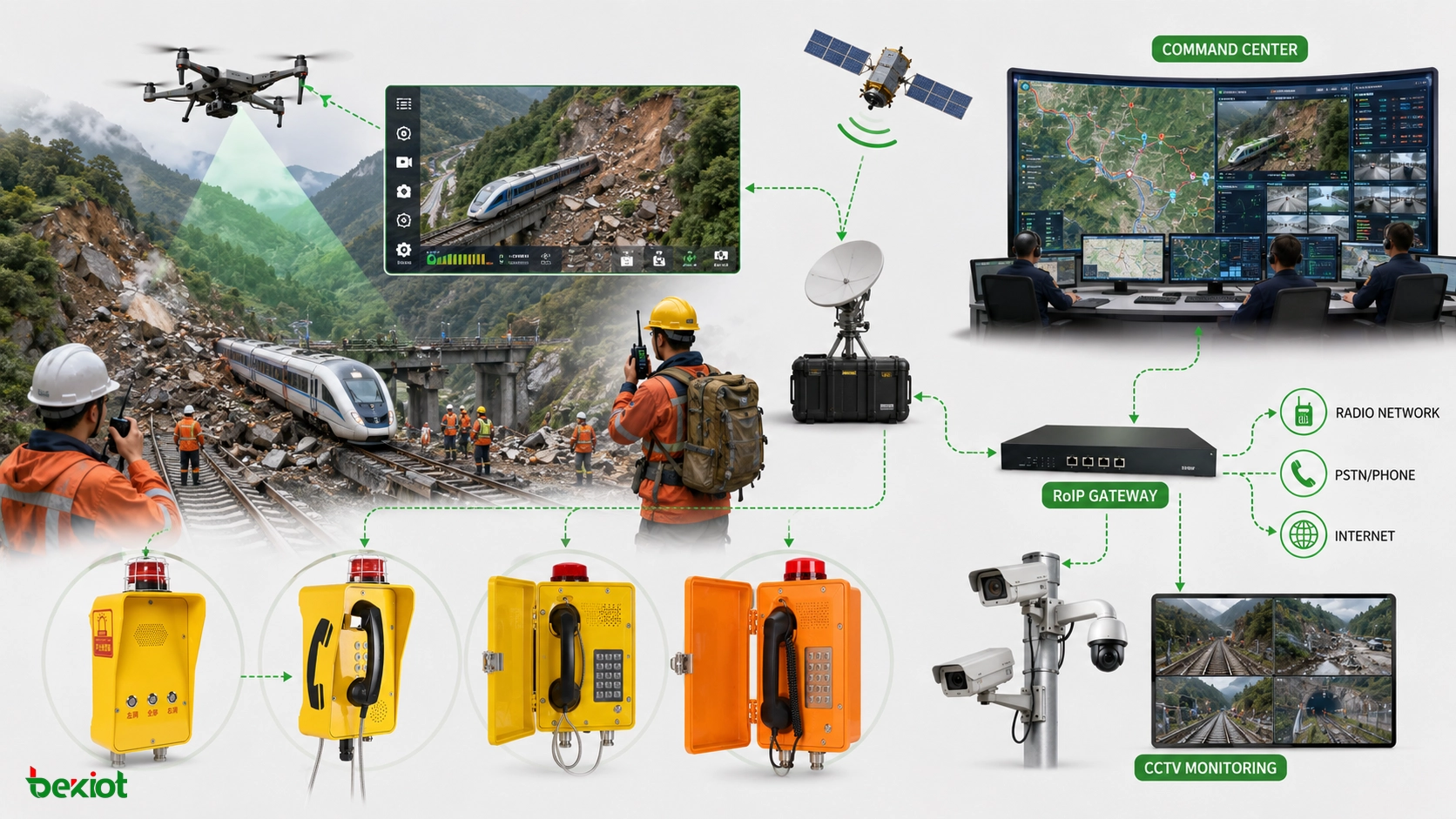 Sistema de despacho ferroviario de emergencia por deslizamiento con vídeo de drone comunicación satelital despacho de radio RoIP mapa GIS CCTV y centro de mando