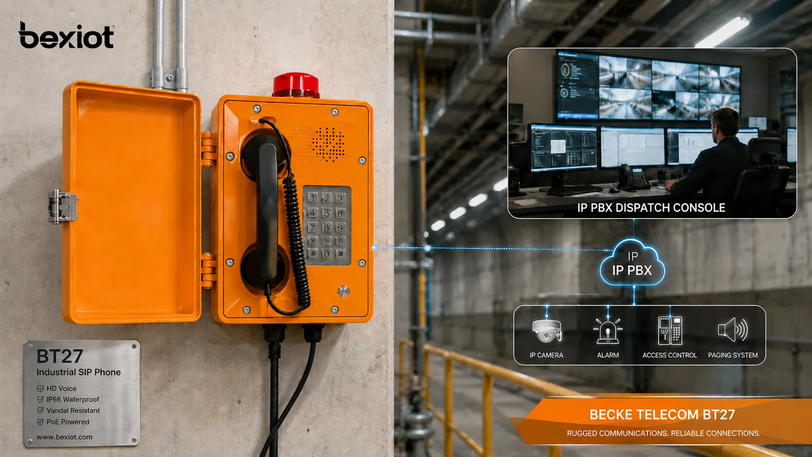 Teléfono SIP industrial Becke Telcom BT27 instalado como terminal mural robusto de intercomunicación conectado a IP PBX, consola de despacho y sala de control