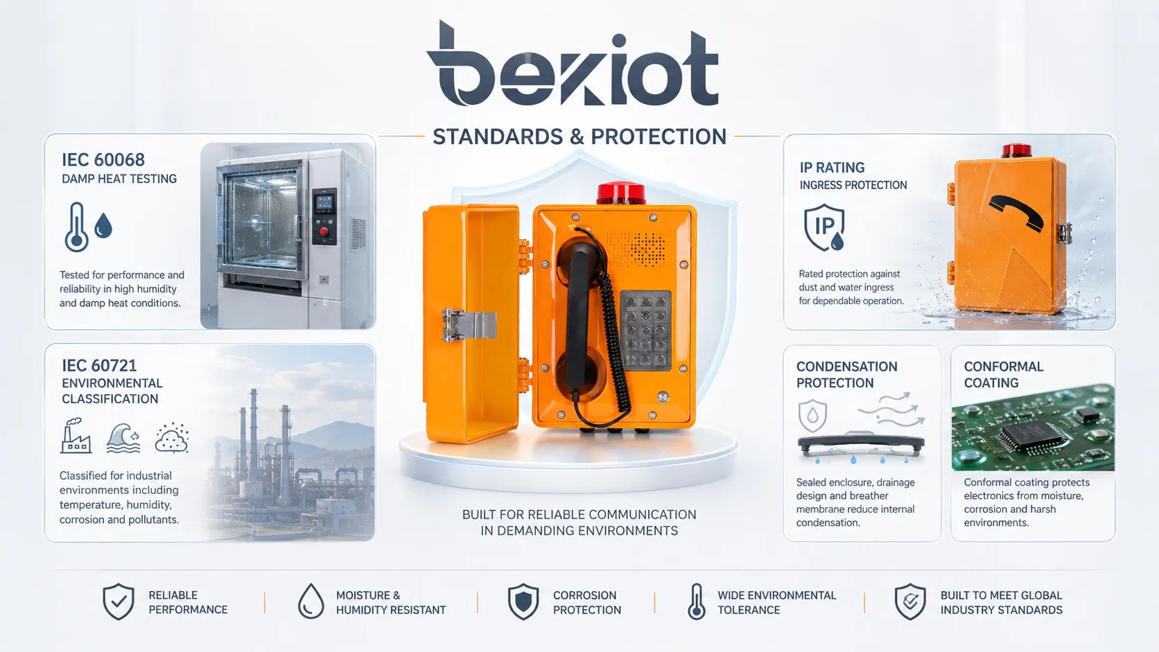 Normas de humedad de funcionamiento y clasificaciones de protección mostrando ensayos de calor húmedo IEC 60068, clasificación ambiental IEC 60721, clasificación IP, protección contra la condensación y revestimiento conformado