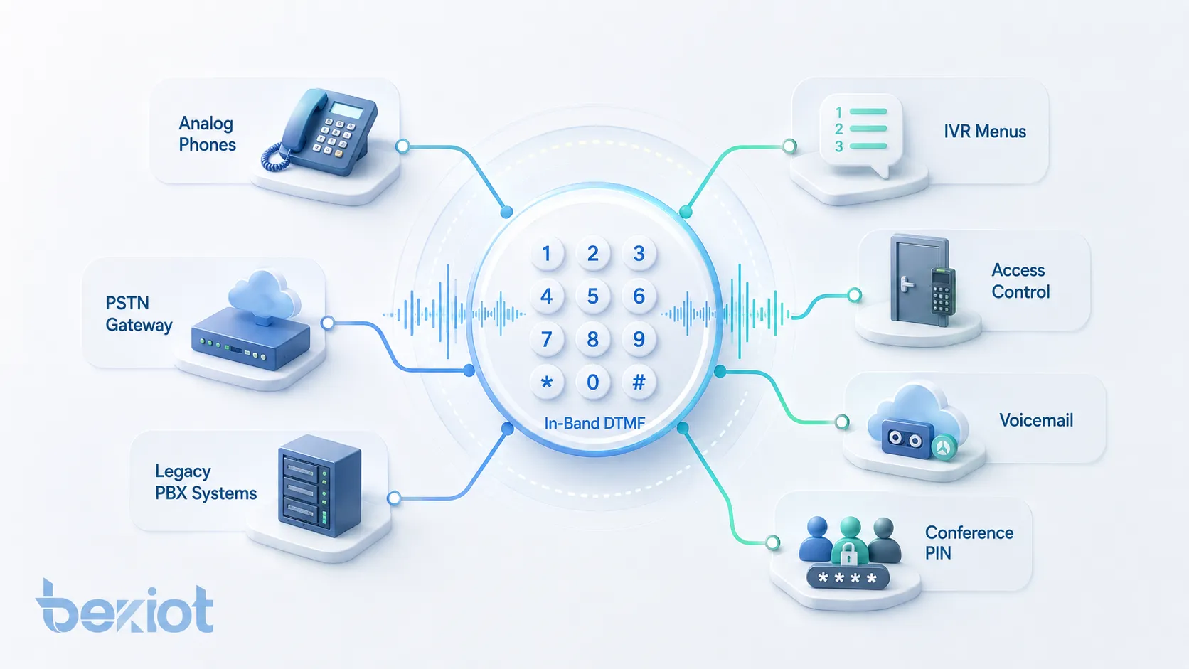 Funcionamiento de DTMF en banda mostrando pulsación de tecla generación de doble tono códec de voz transmisión de audio detección de tono IVR y reconocimiento de dígitos