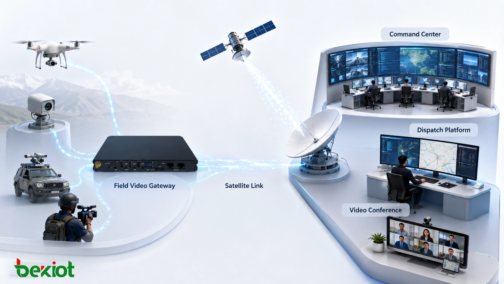 Arquitectura de comunicación satelital de emergencia con pasarela de video de campo centro de mando plataforma de despacho e integración de videoconferencia