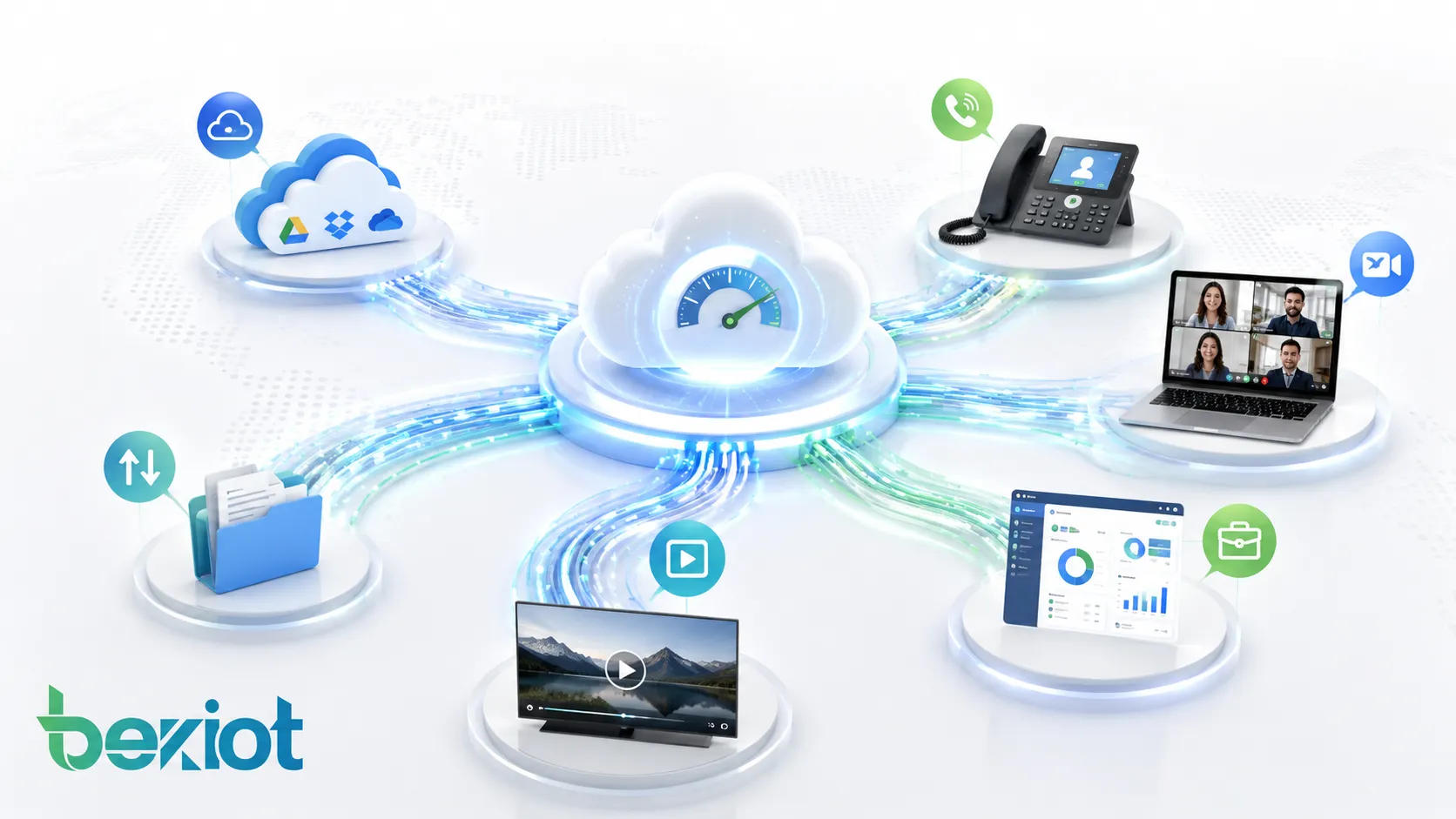 Vista general del ancho de banda mostrando capacidad de red compartida por servicios cloud VoIP videoreuniones transferencia de archivos streaming y aplicaciones empresariales