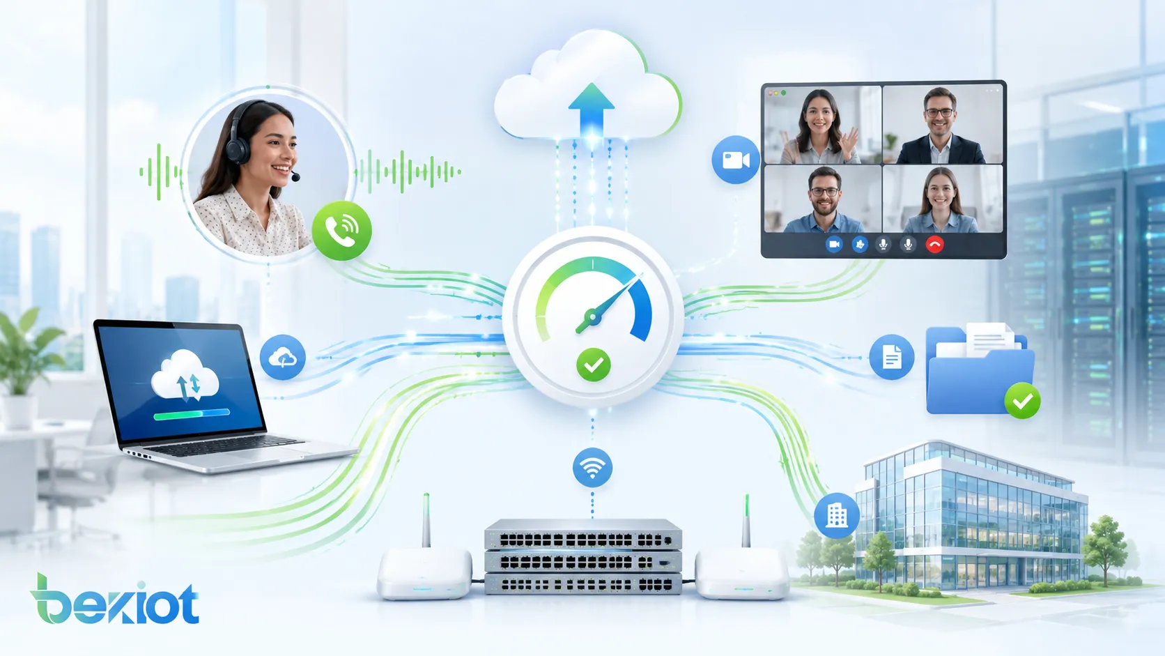 Beneficios del ancho de banda mostrando VoIP fluido videoreuniones claras acceso rápido a la nube transferencia estable de archivos y redes empresariales escalables