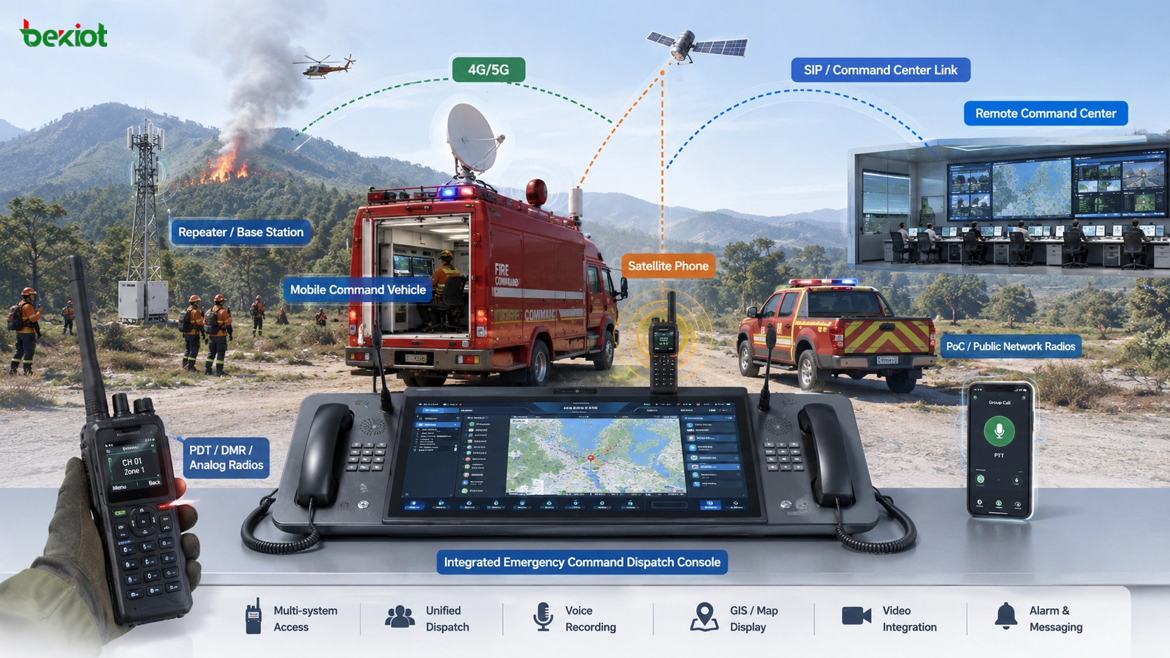 Puesto de mando de campo para incendio forestal con consola integrada de despacho de emergencia radios repetidores teléfonos satelitales y vehículo de mando móvil
