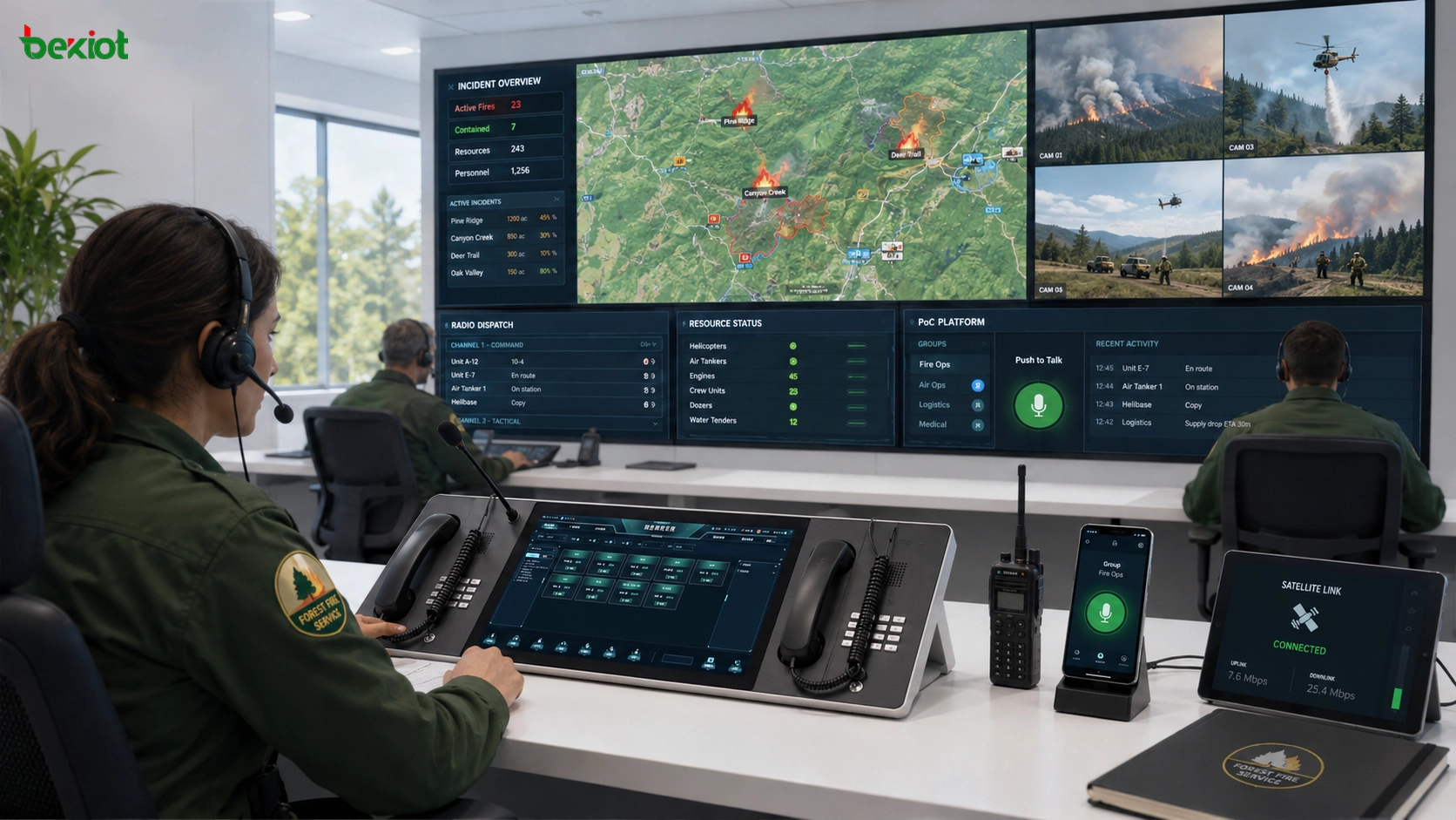 Centro de mando de emergencia para incendio forestal con consola integrada de mando GIS mapa videovigilancia comunicación por radio enlace satelital y plataforma PoC