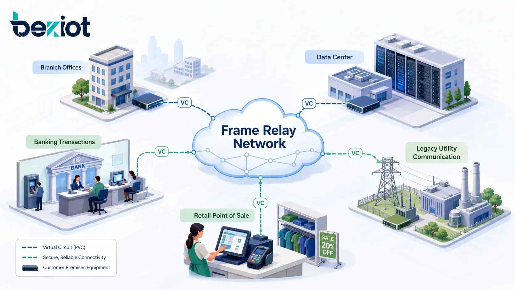 Diagrama de Frame Relay que muestra Frame Relay、centro de datos、sucursal、heredado y la relación de conectividad WAN empresarial