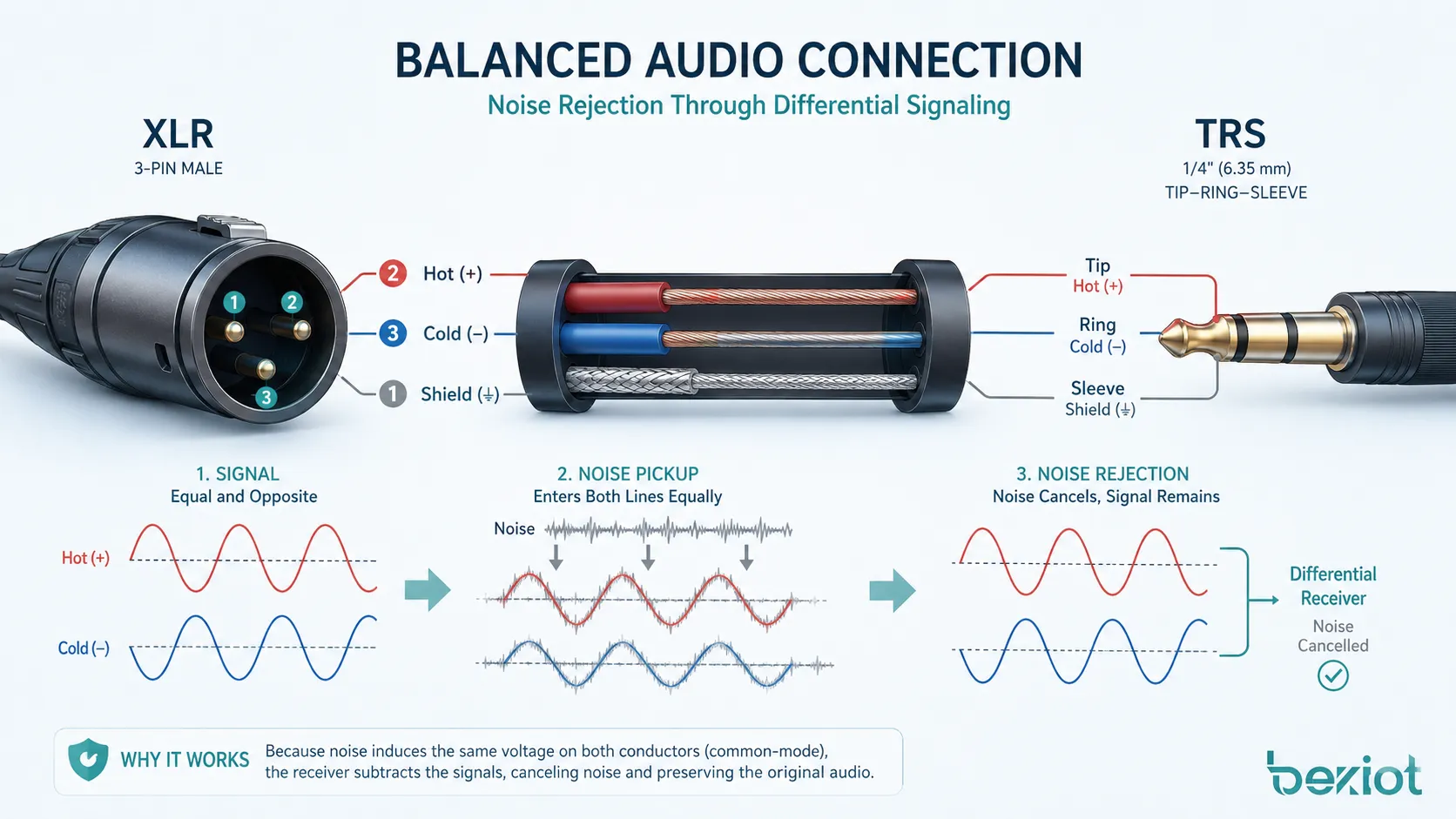 Diagrama de audio balanceado con conectores XLR y TRS y conductores positivo negativo y pantalla para rechazo de ruido