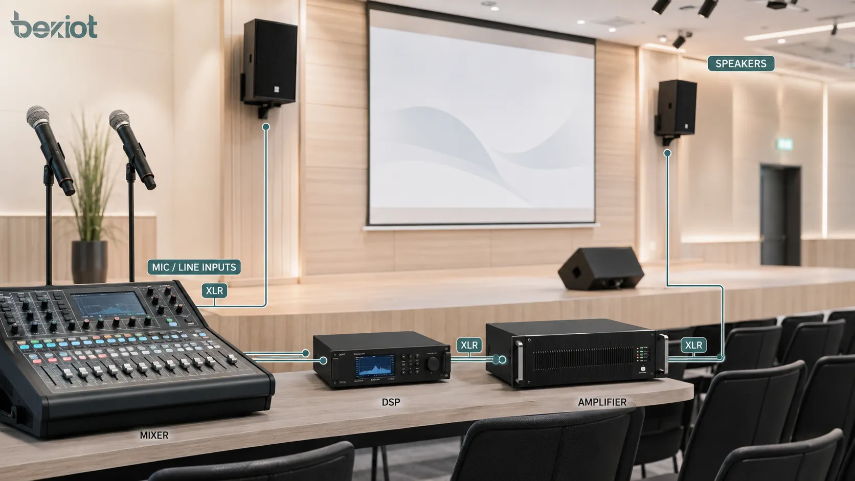 Sistema AV profesional con conexiones de audio balanceado entre micrófonos mezclador DSP amplificador y altavoces