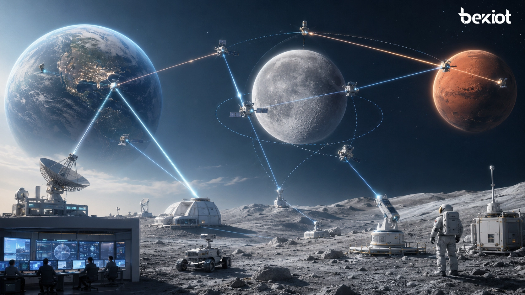 Red óptica conceptual de la Luna a Marte que conecta naves activos lunares estaciones terrestres y control de misión