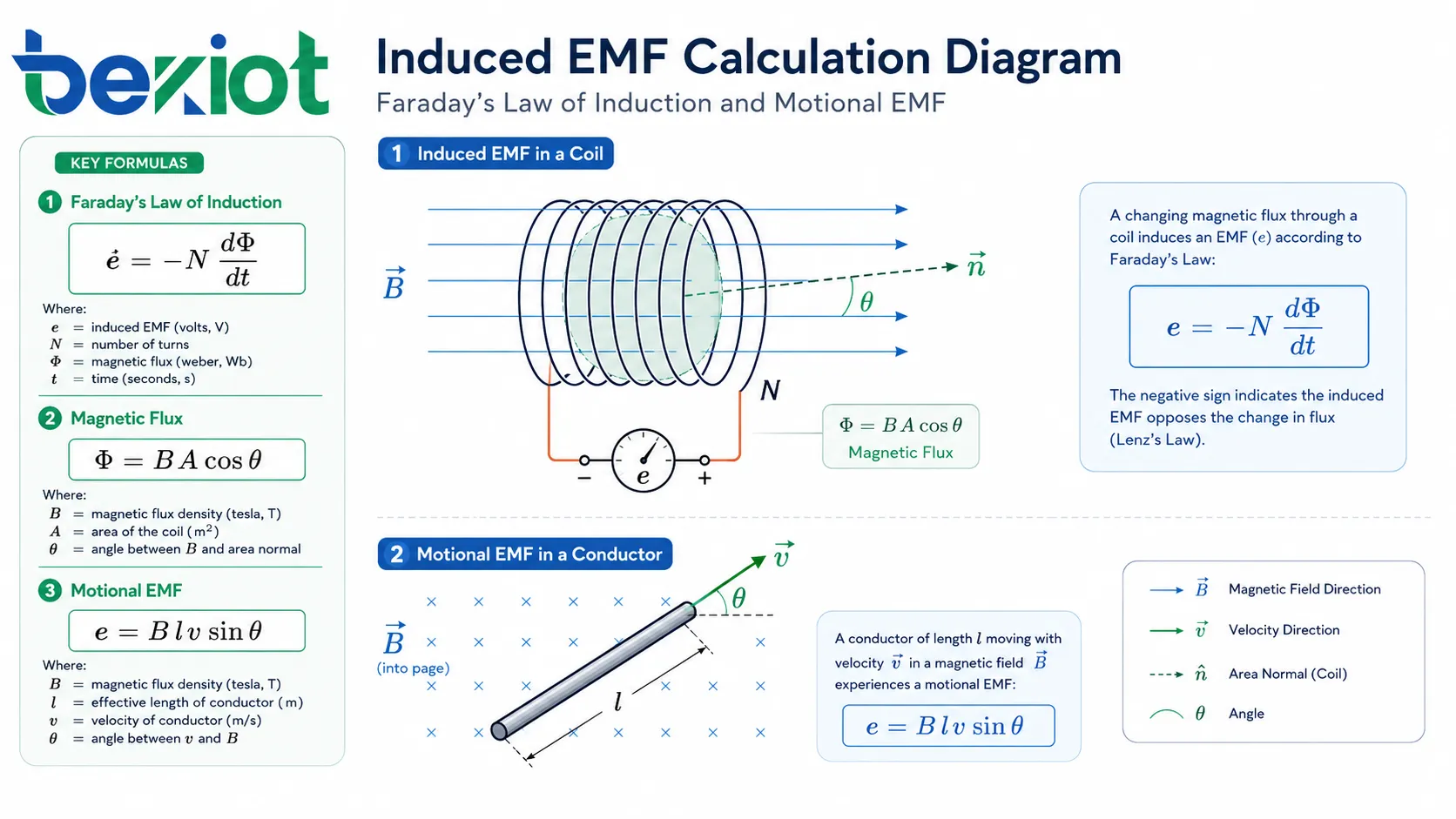 Diagrama de cálculo de FEM inducida que muestra la ley de Faraday, la fórmula del flujo magnético y la fórmula de la FEM cinética con bobina, conductor y campo magnético
