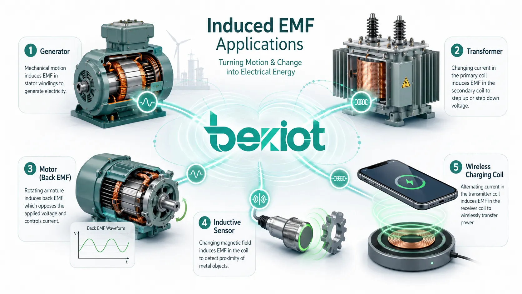 Aplicaciones de la FEM inducida mostrando generador, transformador, motor con fuerza contraelectromotriz, sensor inductivo y bobina de carga inalámbrica