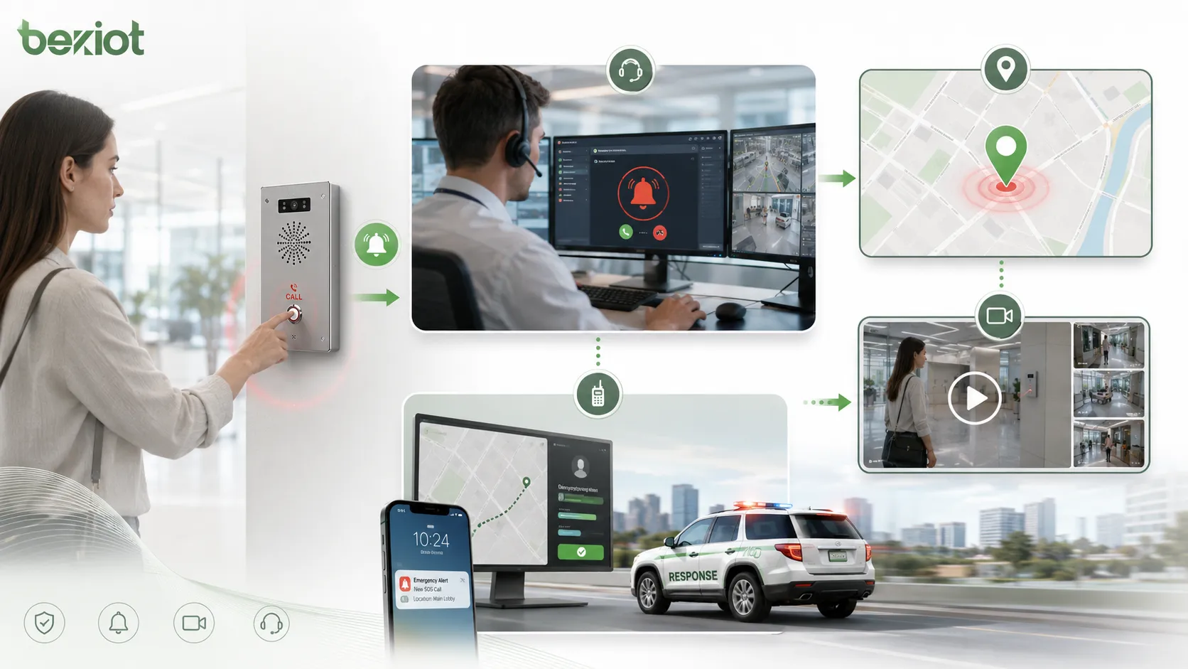 Diagrama de flujo de trabajo del sistema de botón de alarma que muestra el disparo del botón de emergencia, la alerta en la sala de control, la identificación de ubicación, la vinculación de video y el envío de respuesta