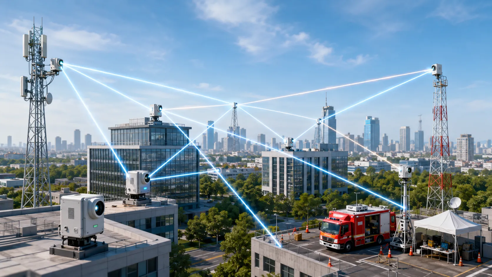 Red mesh óptica inalámbrica conectando estaciones base 5G edificios empresariales y sitios de emergencia