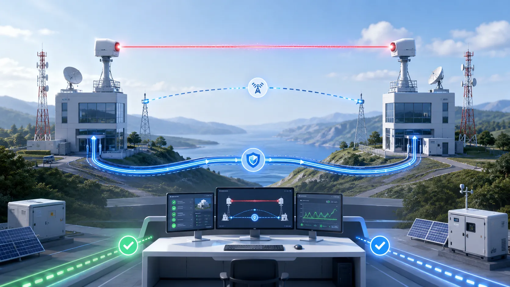 Arquitectura resiliente de comunicación láser con rutas de failover ópticas inalámbricas fibra y radio